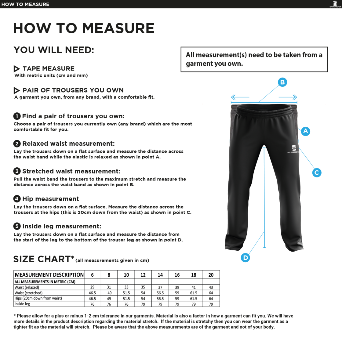 Dartford CC Women's Ripstop Track Pants - Size Guide