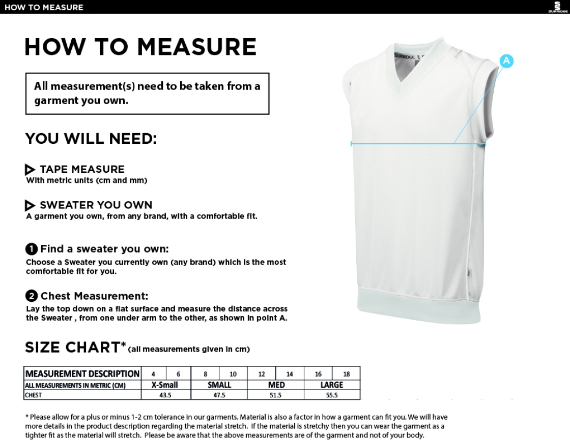 DARTFORD CC Blast Sleeveless Cricket Sweater - Size Guide