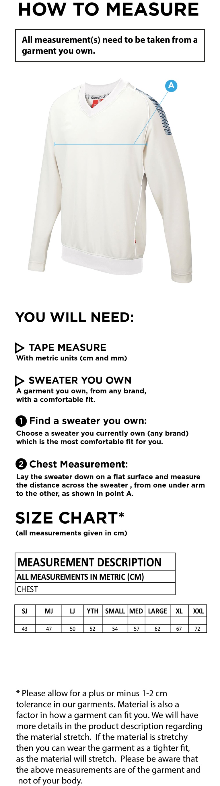 Dartford CC Seniors Curve Long Sleeved Sweater - Size Guide