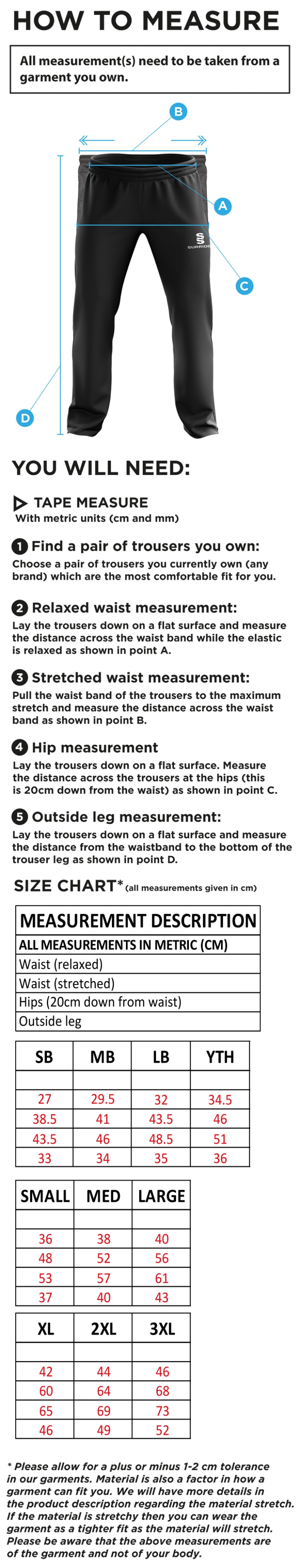 Dartford CC Ripstop Track Pants - Size Guide