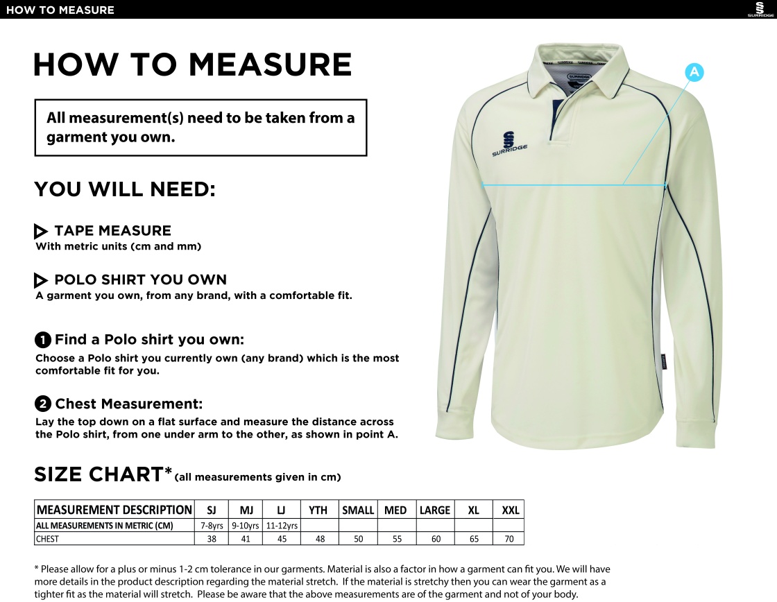 Dartford CC Senior Premier Long Sleeved Playing Shirt - Size Guide