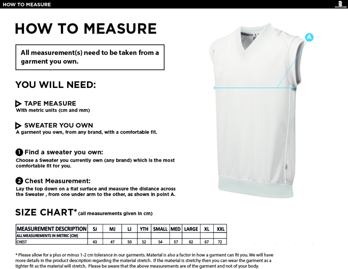 Dartford CC Seniors Curve Sleeveless Sweater - Size Guide