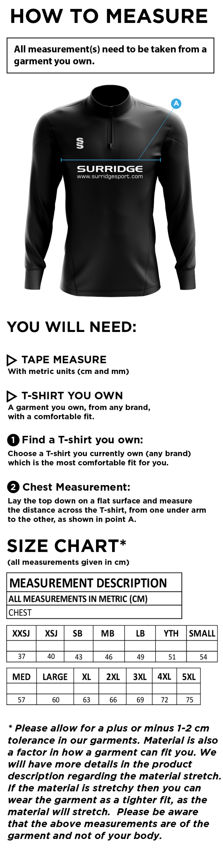 Dartford CC Blade Performance Top - Size Guide