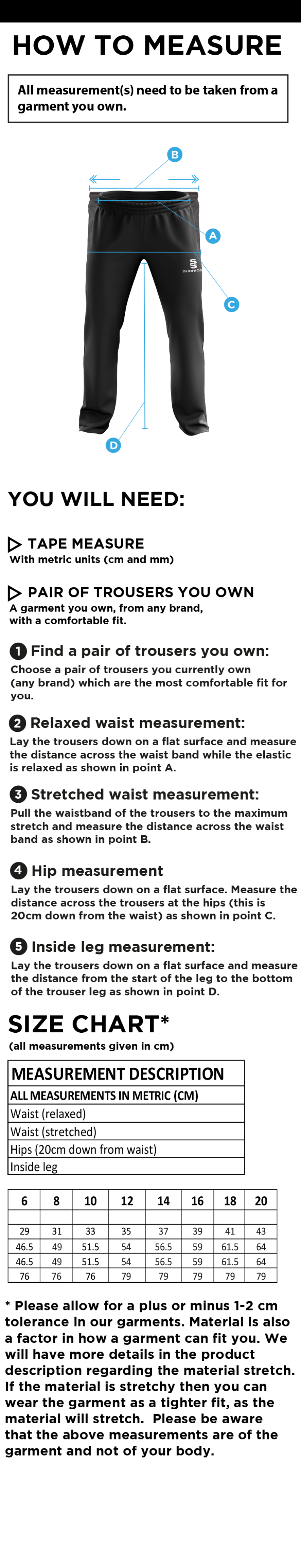 Dartford CC Women's Ripstop Track Pants - Size Guide