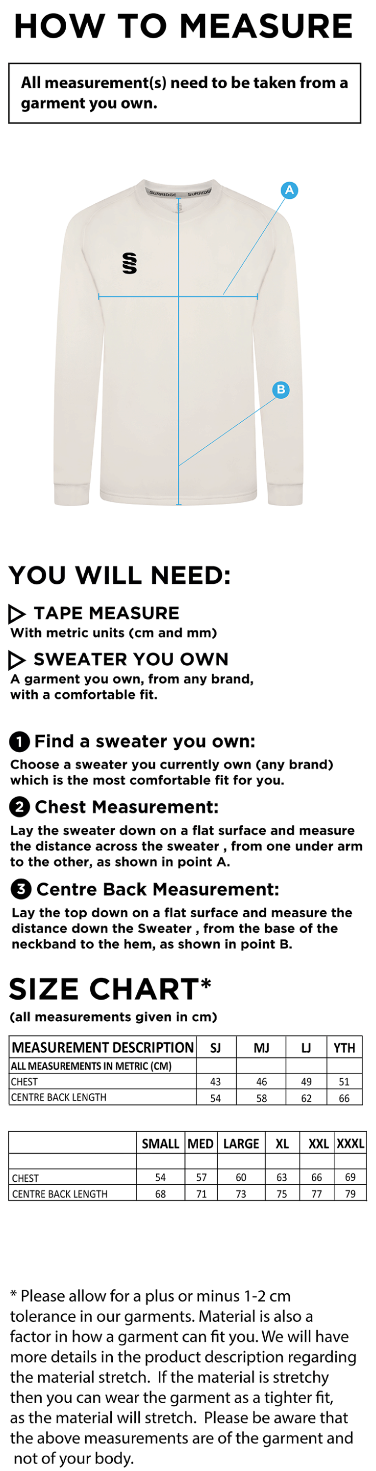 Dartford CC Blast Long Sleeve Cricket Sweater - Size Guide