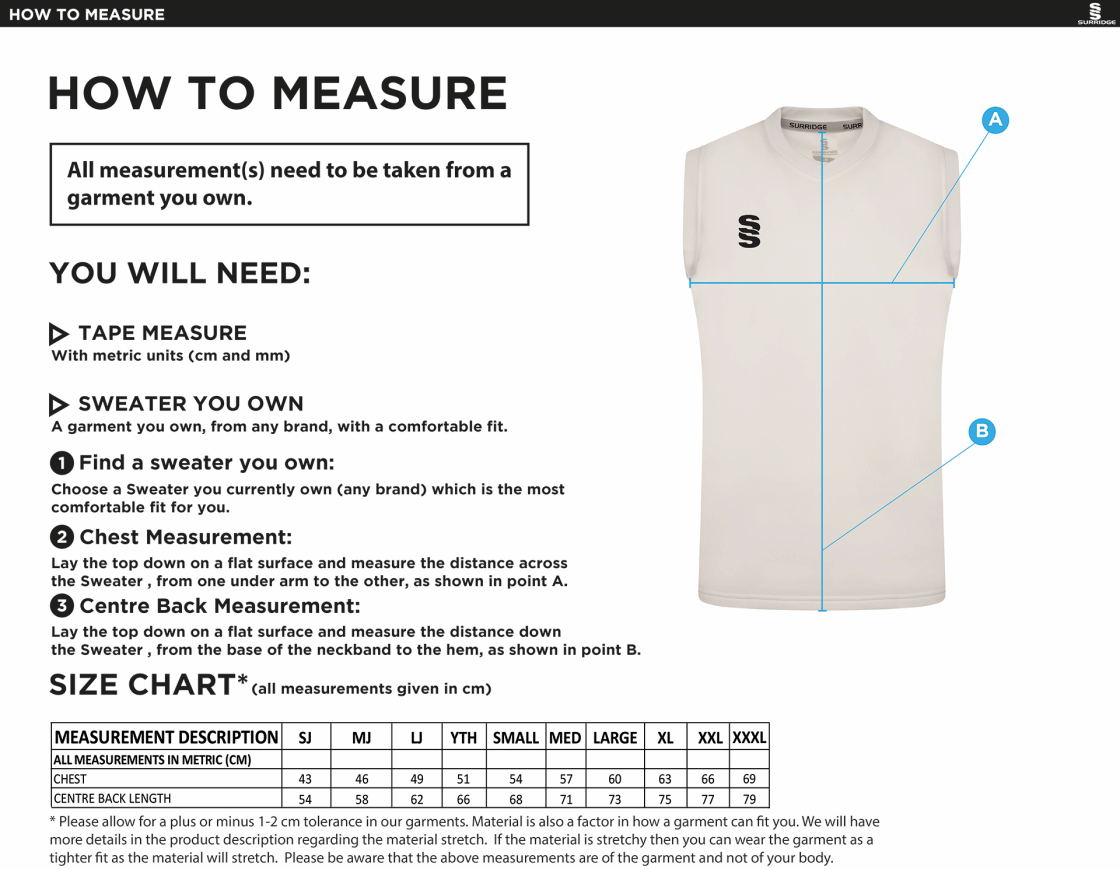 Dartford CC Blast Sleeveless Cricket Sweater - Size Guide