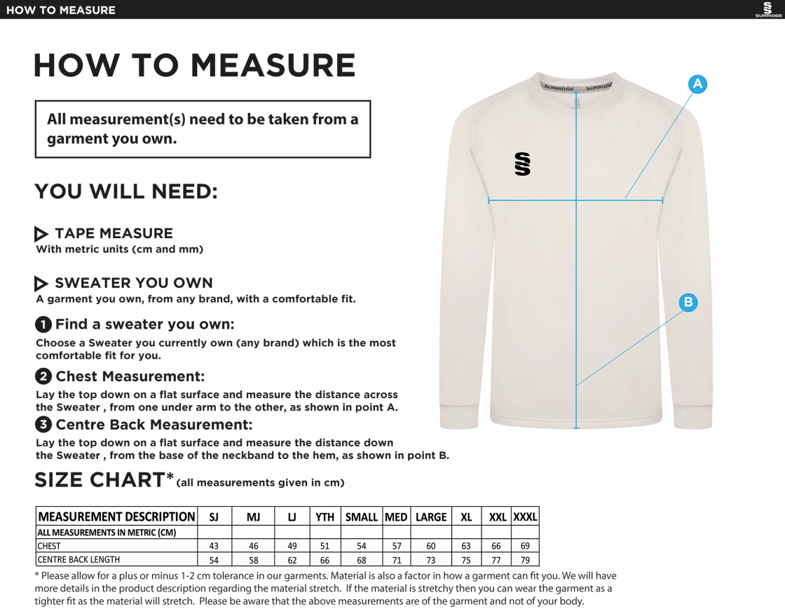 Dartford CC Blast Long Sleeve Cricket Sweater - Size Guide