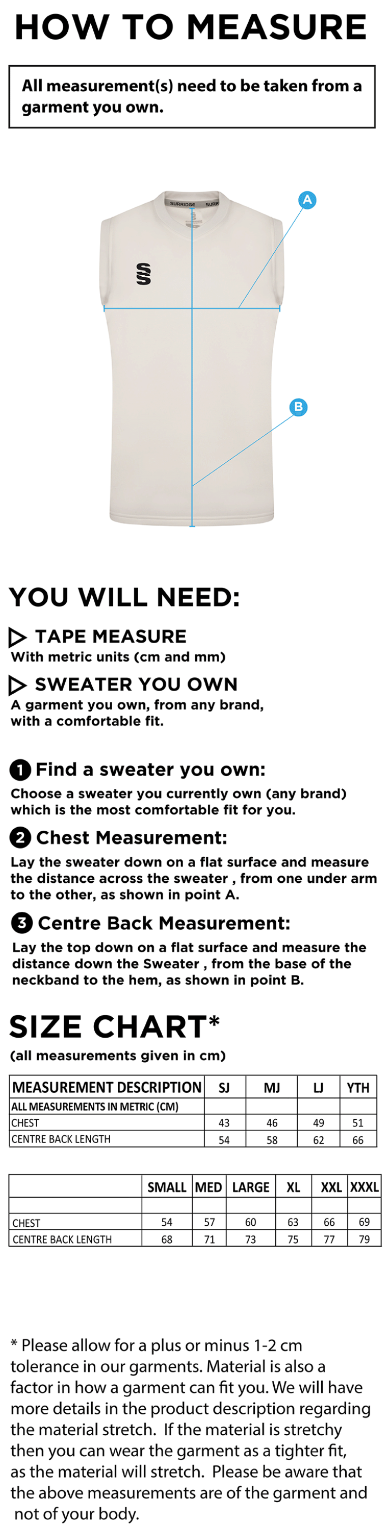 Dartford CC Blast Sleeveless Cricket Sweater - Size Guide