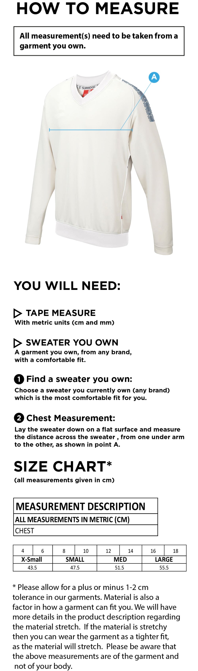 Dartford CC Blast Long Sleeve Women's Cricket Sweater - Size Guide
