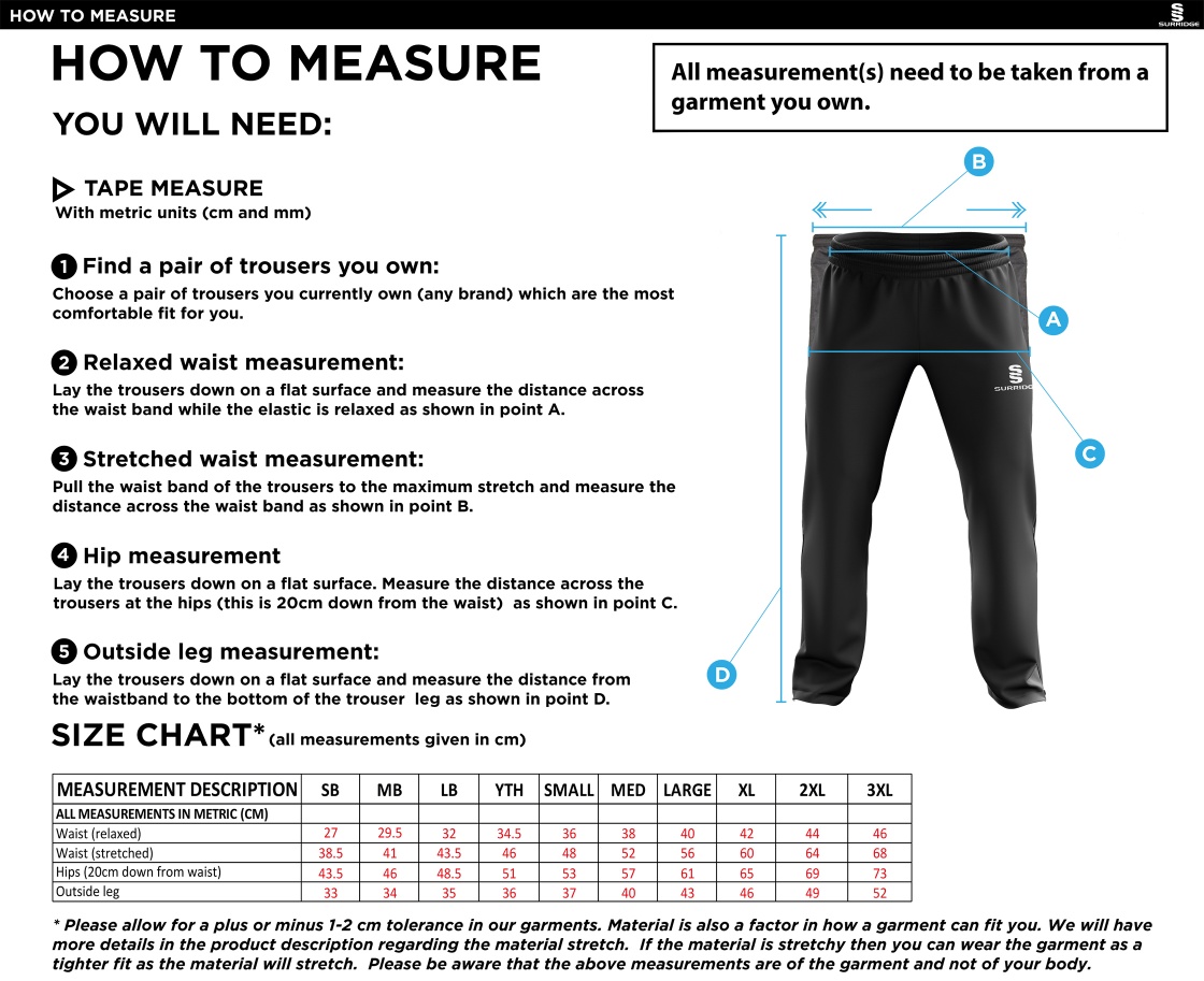 Dartford CC Ripstop Track Pants - Size Guide