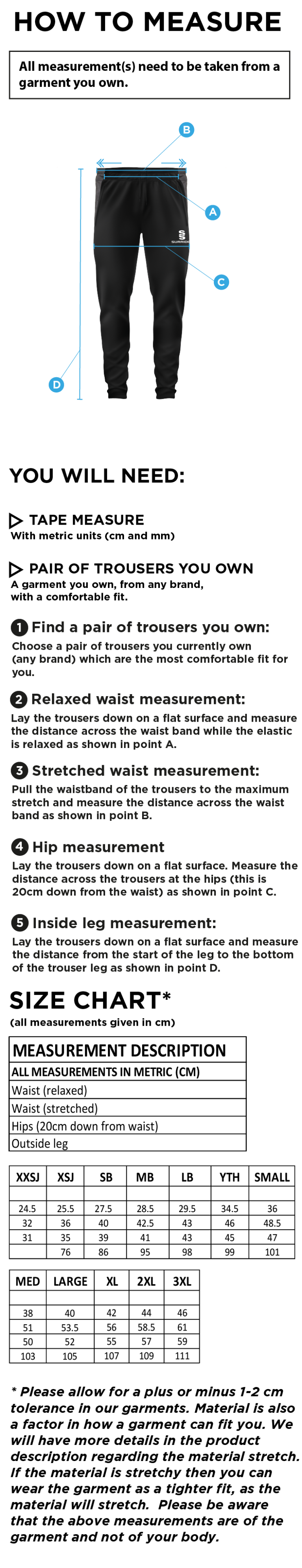 Dartford CC Tek Pants - Size Guide