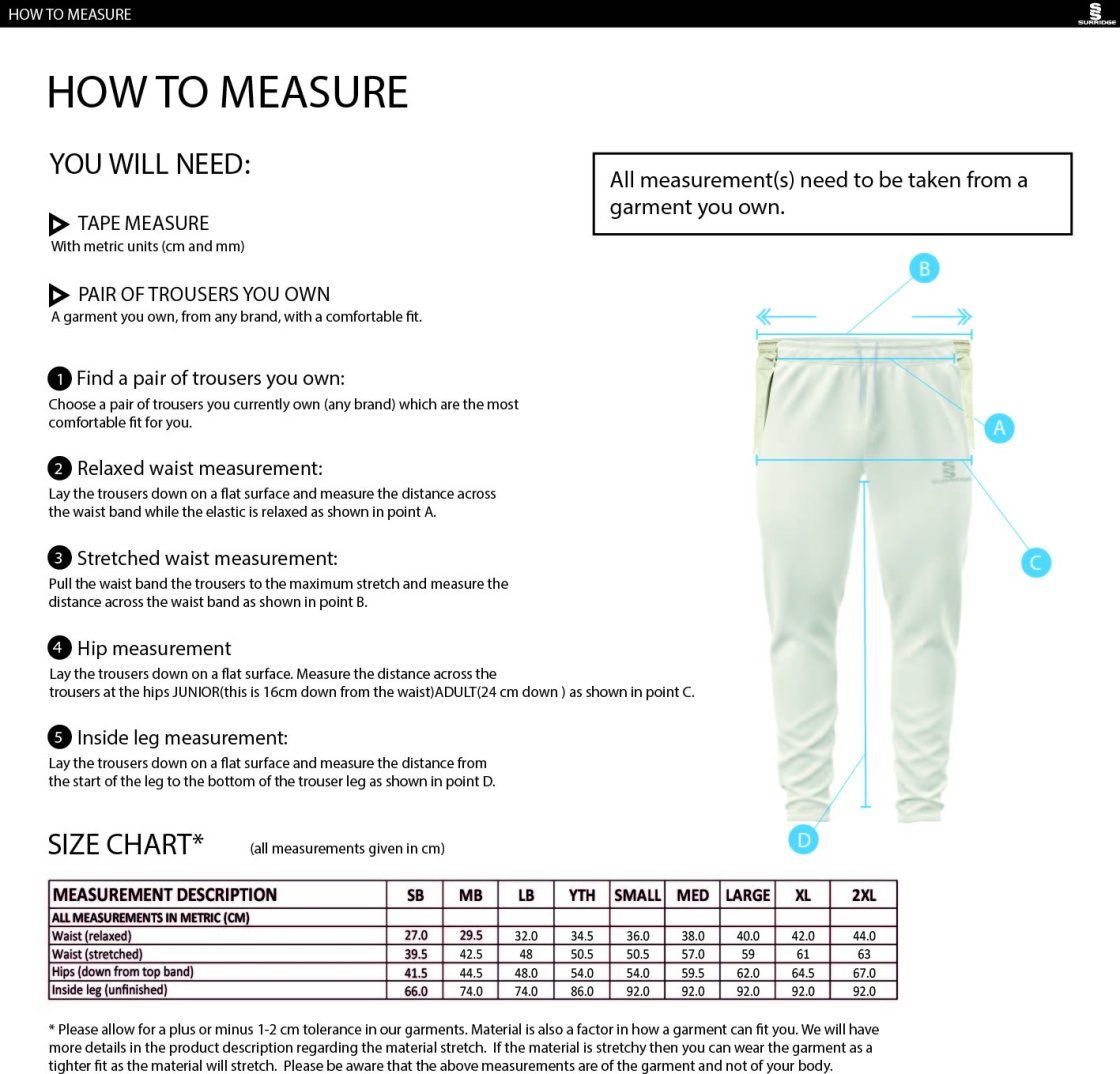 Dartford CC Ergo Playing Pants - Size Guide