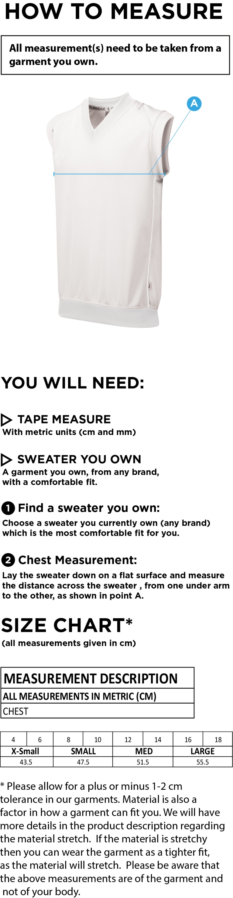 DARTFORD CC Blast Sleeveless Cricket Sweater - Size Guide