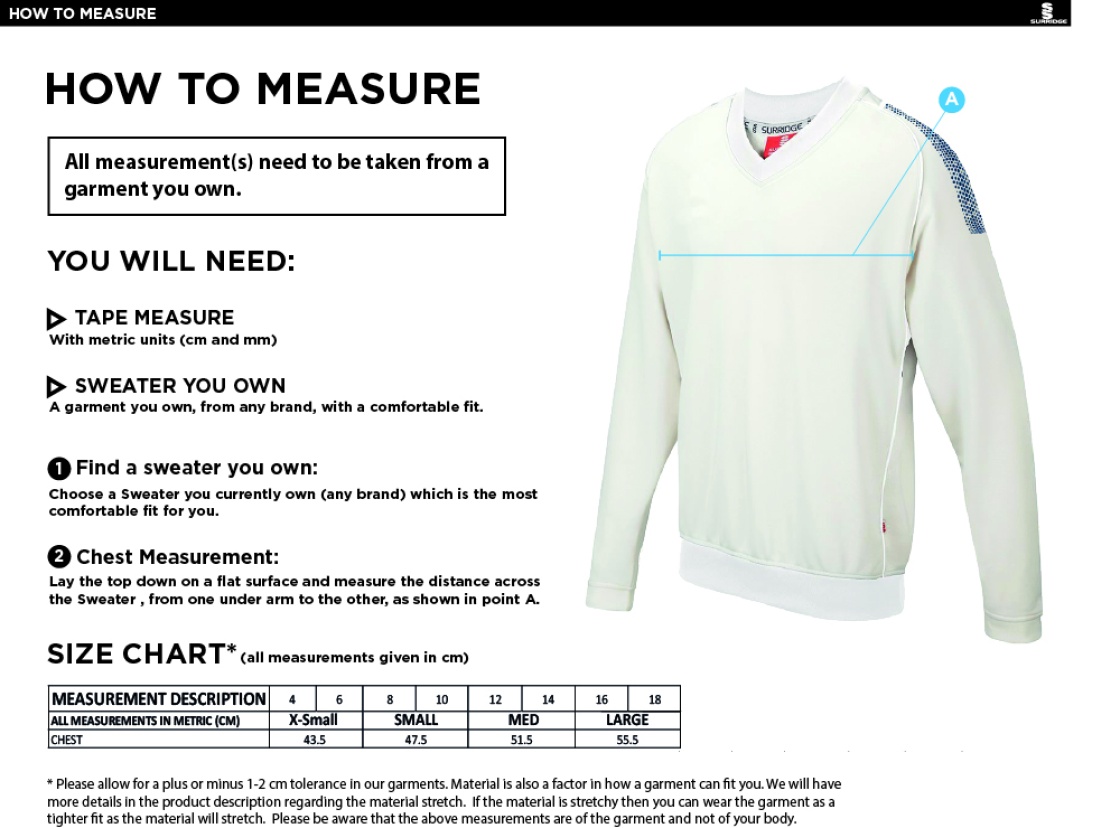 Dartford CC Blast Long Sleeve Women's Cricket Sweater - Size Guide