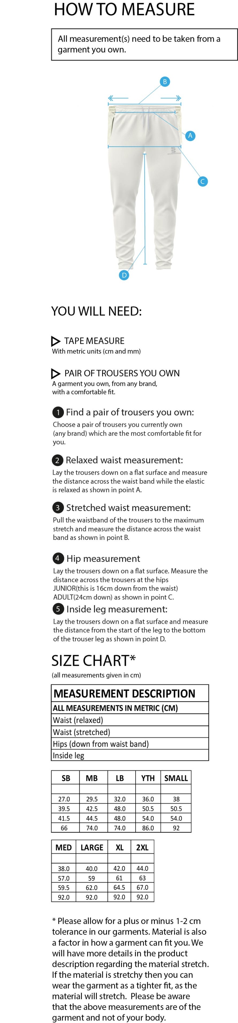 Dartford CC Ergo Playing Pants - Size Guide