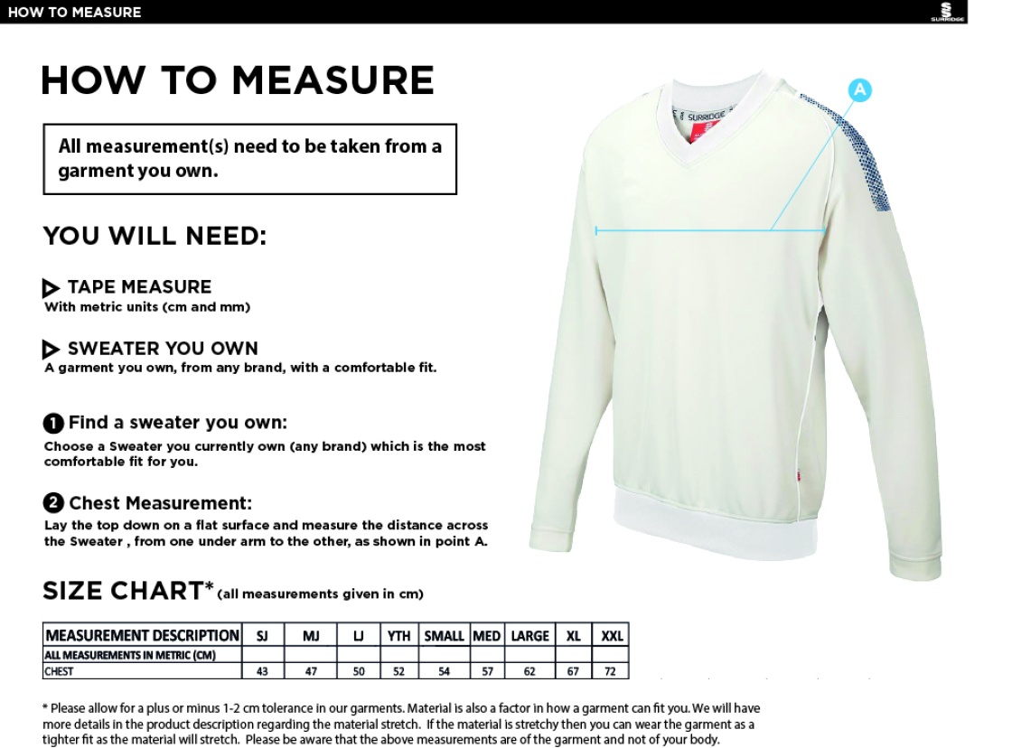 Dartford CC Seniors Curve Long Sleeved Sweater - Size Guide